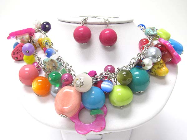 Mixed beads dangle neckalce earring set