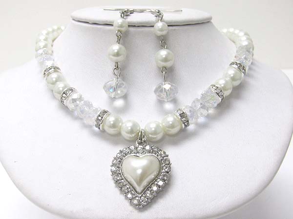 Crystal and pearl heart pendant neckalce set