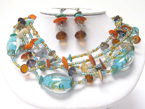 Multi row murano glass and natural chip stone necklace earring set