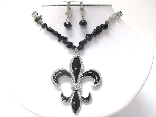 Crystal stud fleur de lis pendant natural chip stone necklace set