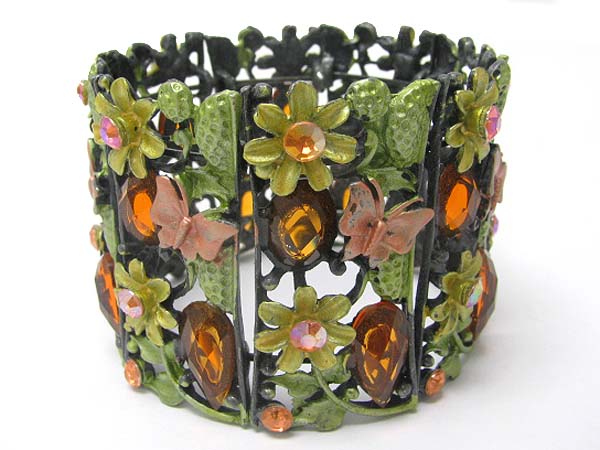 Crystal metal epoxy facet glass wide blossom bangle