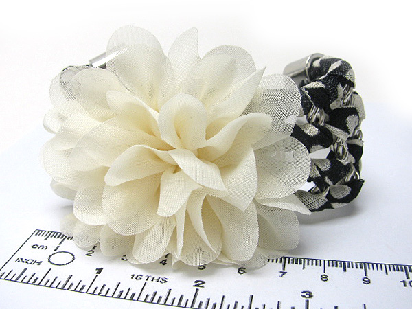 Fabric flowers and dot print wrap on metal chain bracelet