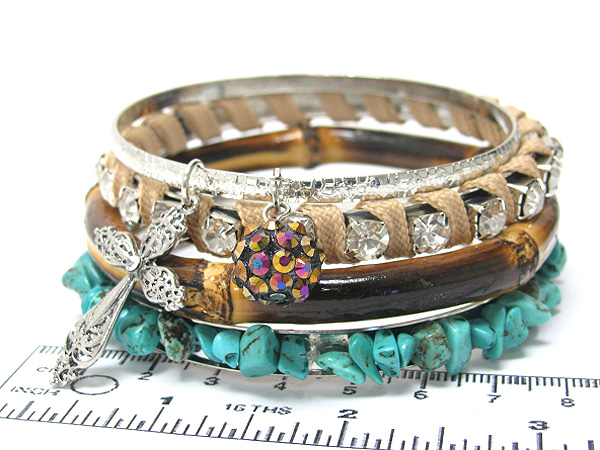 Multi crystal bamoo charm four set bangle