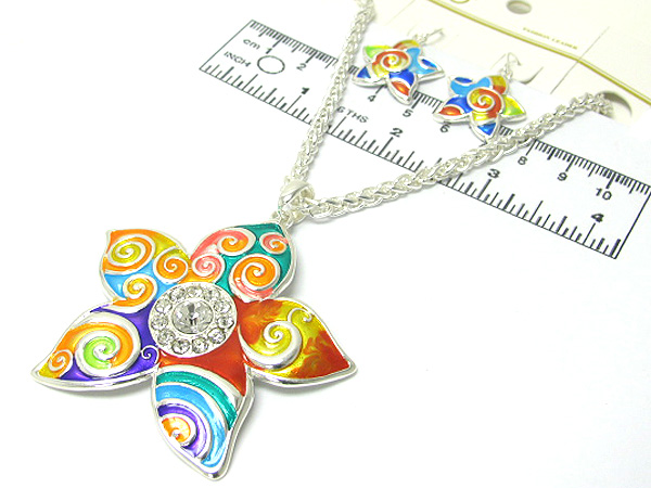 Crystal metal flower colorful designer style drop chain necklace earring set