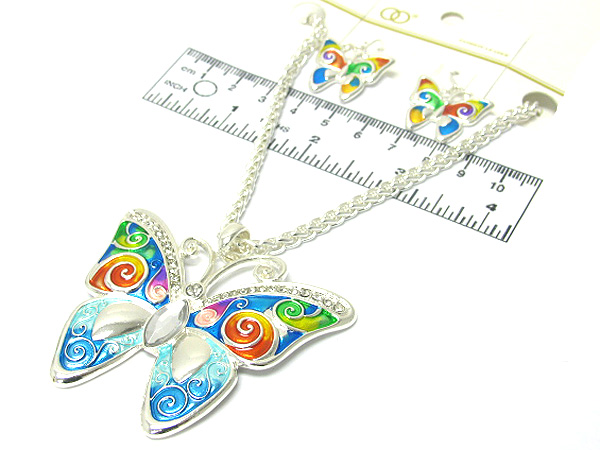 Crystal metal butterfly colorful designer style drop chain necklace earring set