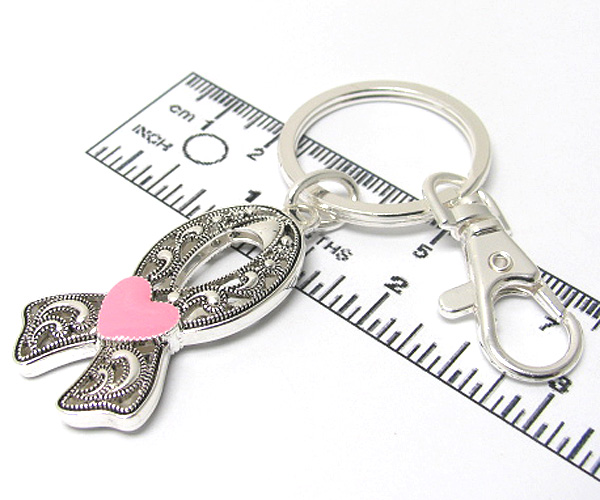 Metal fillegree texture pink heart theme ribbon key chain