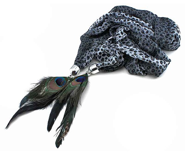 Natural feather leopard print scarf necklace - 100% polyester 