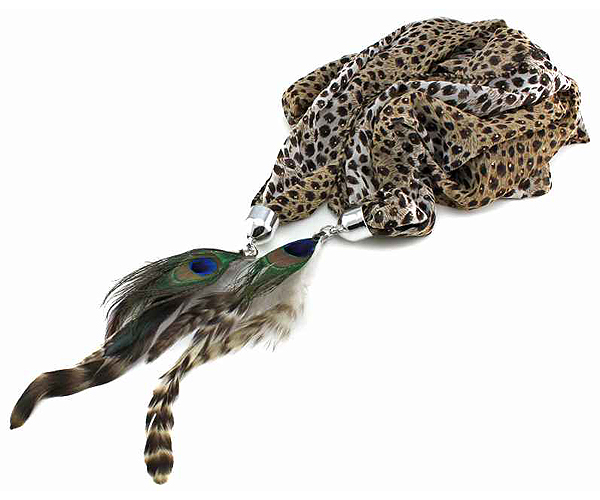 Natural feather leopard print scarf necklace - 100% polyester 