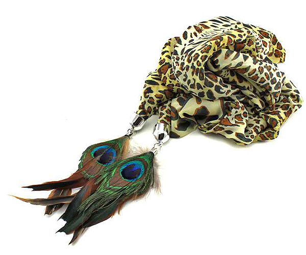 Natural feather leopard print scarf necklace - 100% polyester