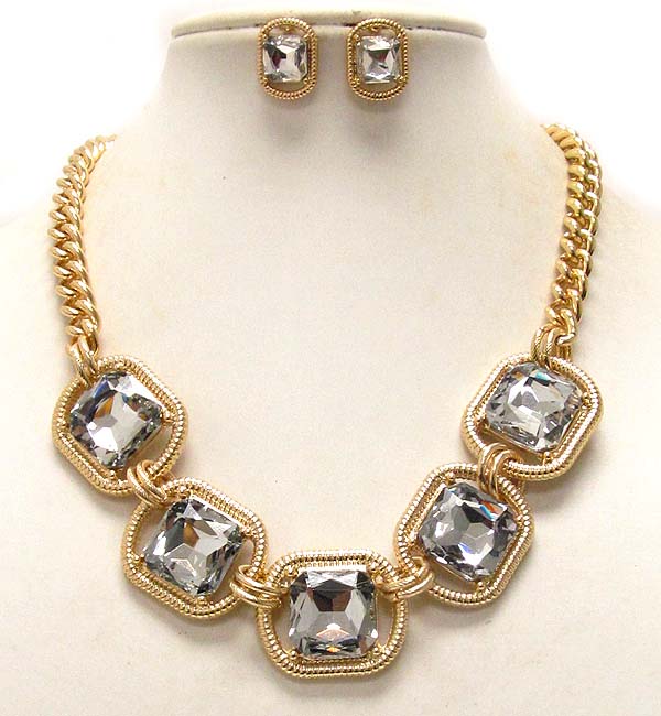 Multi crystal square glass stone and  textered metal drop chain necklace earring set