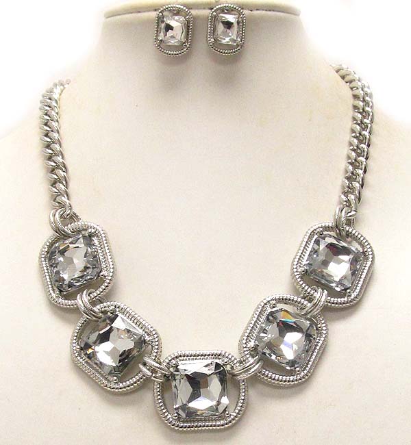 Multi crystal square glass stone and  textered metal drop chain necklace earring set