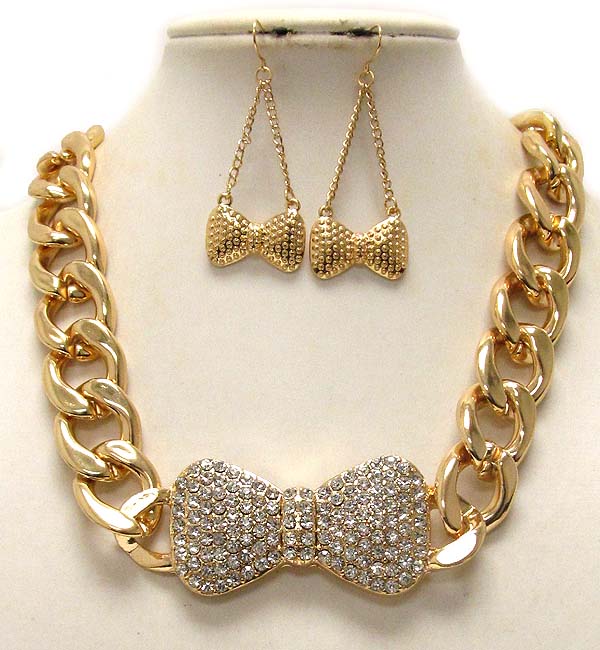 Crystal bow thick chain necklace earring set