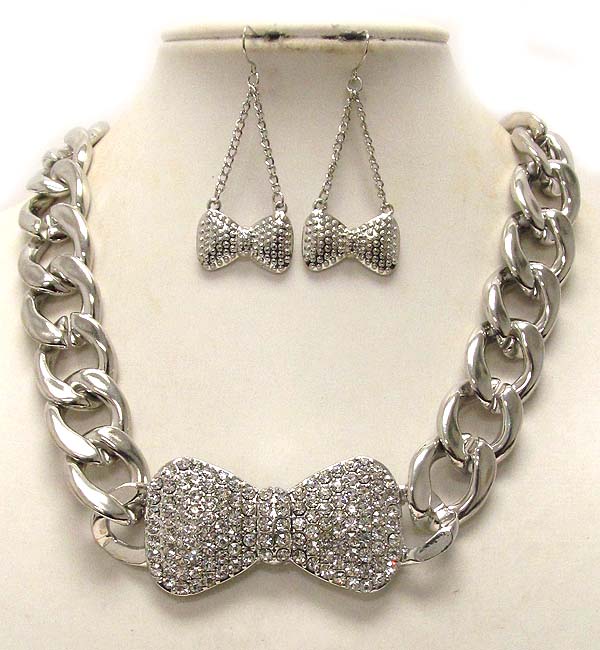 Crystal bow thick chain necklace earring set