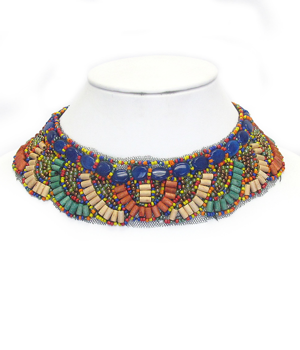 Multi material bead and fabric chain choker necklace