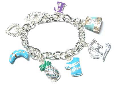 Crystal multi fun charm toggle bracelet - pineapple handbag t-shirts