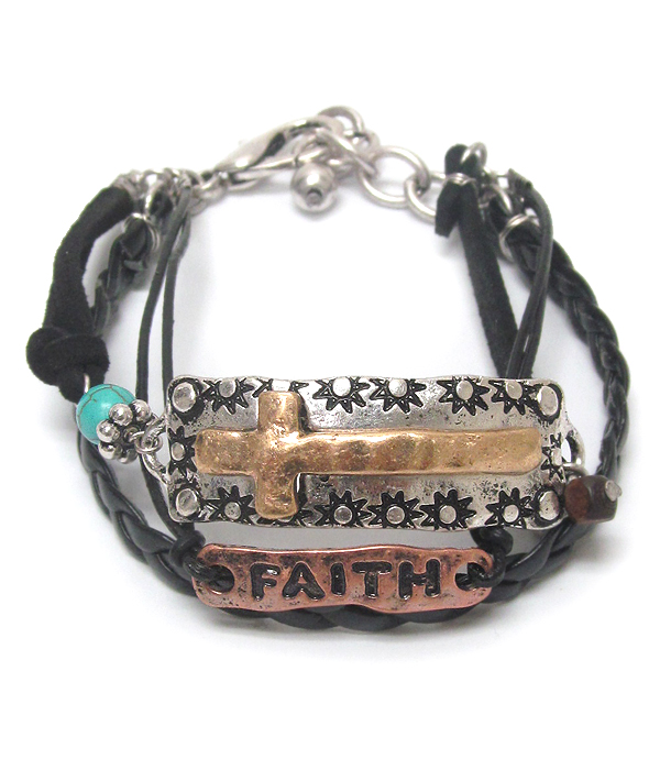 Multi layer leatherette faith cross bracelet