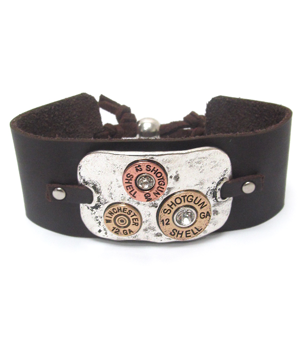 Bullet and leatherette pull tie bracelet