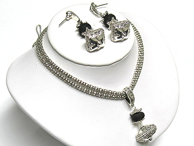 Metal filigree pendant and double strand metal mesh chain necklace and earring set