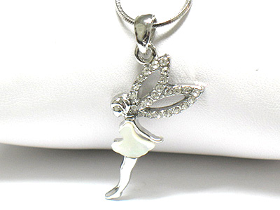 Made in korea whitegold plating crystal and mother of pearl tinkerbell pendant necklace