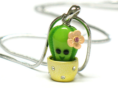 Made in korea whitegold plating crystal and hand enamel miniature cactus pendant necklace