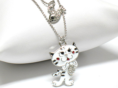 Made in korea whitegold plating crystal and enamel cat and fish pendant necklace