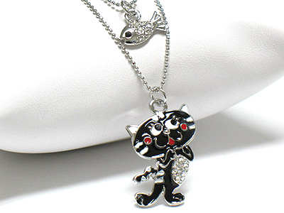 Made in korea whitegold plating crystal and enamel cat and fish pendant necklace