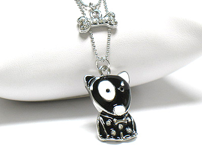 Made in korea whitegold plating crystal and enamel dog and bone pendant necklace