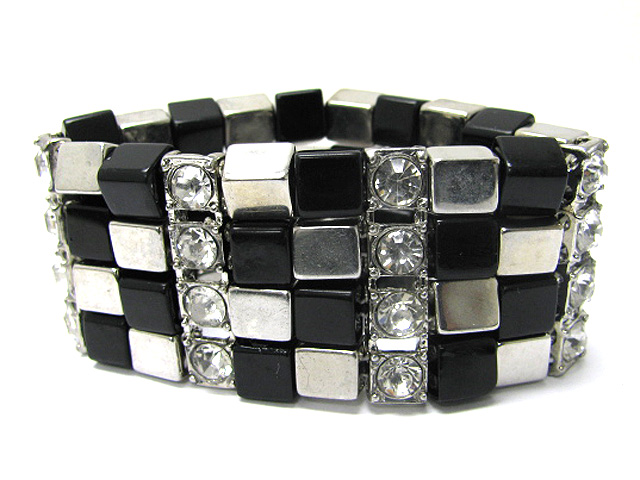 4 row crystal and metal cube link stretch bracelet