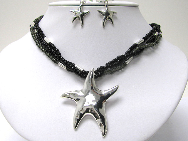 Starfish pendant multi row beads necklace earring set