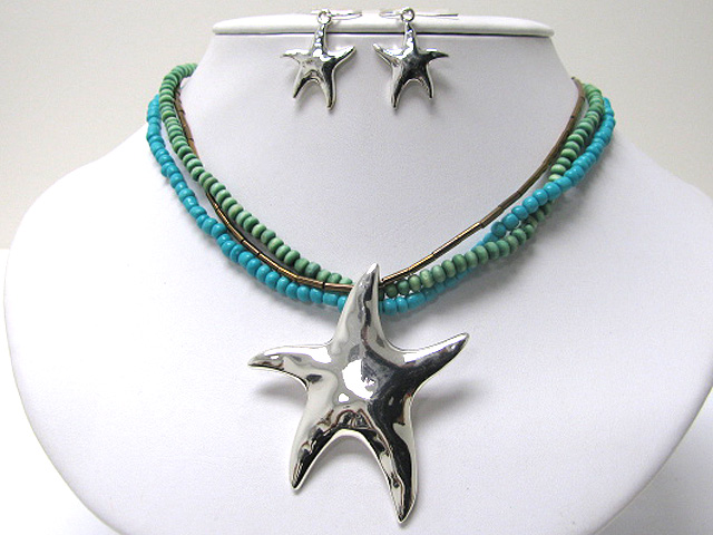 Starfish pendant multi row beads necklace earring set