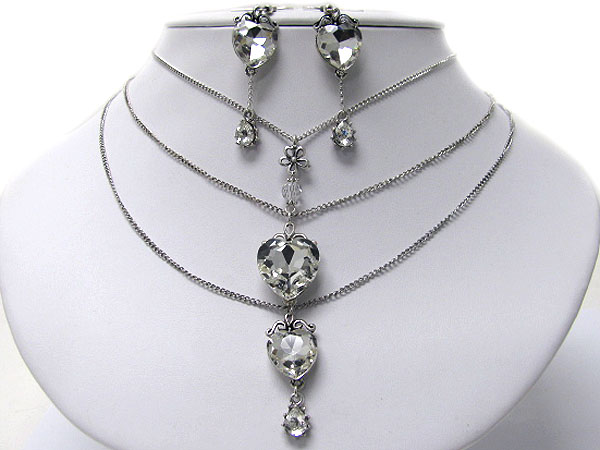 Large glass heart and crystal drop three layer chain necklace earring set