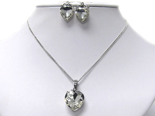 Simply large glass heart necklace earring set