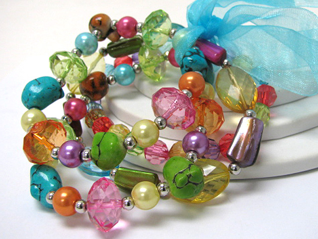 Multi row beads scarf tied stretch bracelet