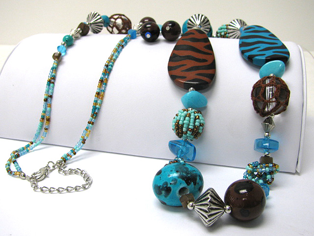 Animal ptint multi beads and disk link long necklace earring set