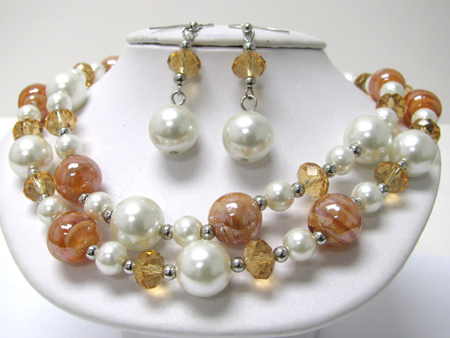 Double row murano glass ball and pearl beads necklace earring set