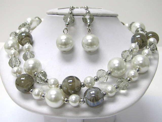 Double row murano glass ball and pearl beads necklace earring set