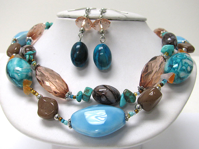 Double row ceramic ball and glass beads necklace earring set