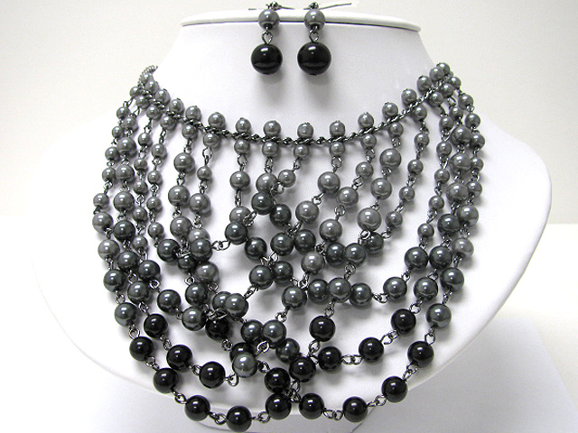 Multi row graident gradual pearl beads hanging necklace earring set