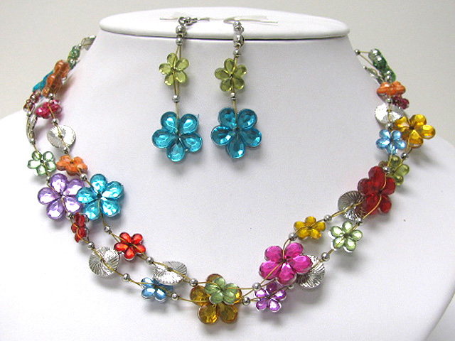 Double row glass flower link neckalce earring set