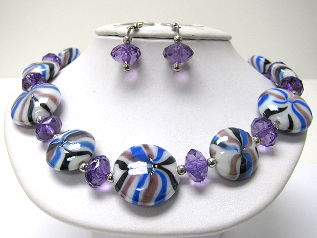 Eco friendly murano candy disk and facet glass mix neckalce earring set