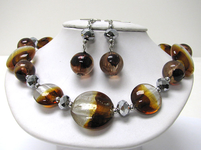 Murano candy disk and facet metallic beads mix neckalce earring set