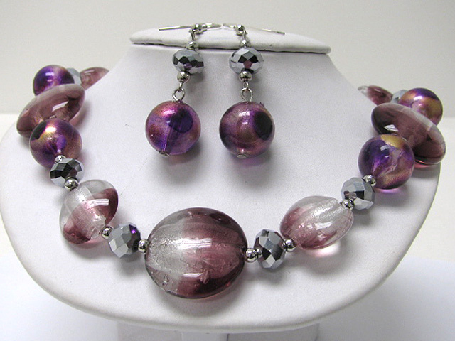 Murano candy disk and facet metallic beads mix neckalce earring set