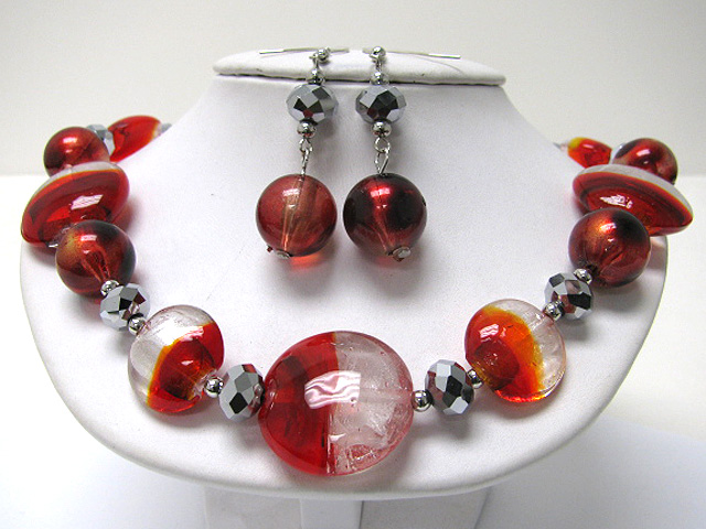 Murano candy disk and facet metallic beads mix neckalce earring set