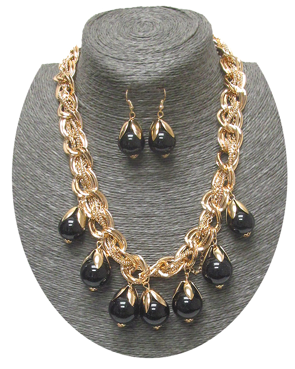 Multi acrylic ball dangle and thick metal chain necklace earring set