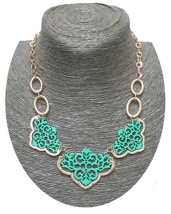 Metal filigree painted designer pattern link necklace