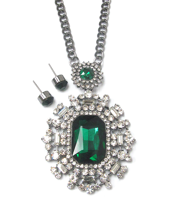 Facet glass and crystal deco pendant long necklace earring set