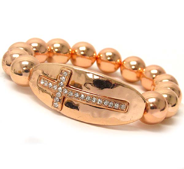 Crystal stud cross on hammered metal and multi metal ball stretch bracelet