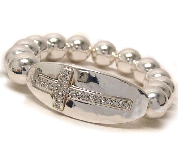 Crystal stud cross on hammered metal and multi metal ball stretch bracelet