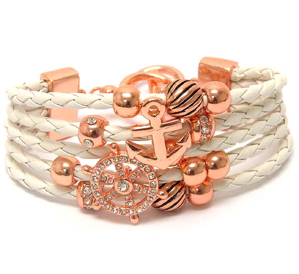 Multi woven leather and crystal deco anchor theme toggle bracelet