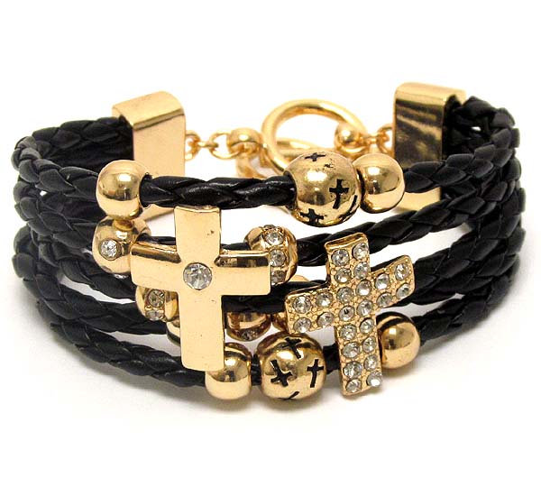 Multi woven leather and crystal deco cross theme toggle bracelet